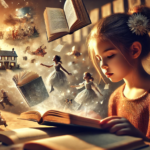 A young girl engrossed in a book using the Barton System of Reading and Spelling, with imagination elements coming to life around her